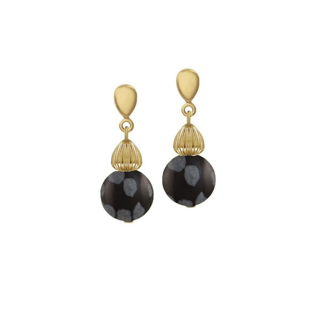Solitaire Snowflake Obsidian Gold Tone Drop Pierced Earrings