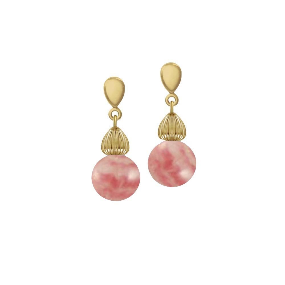Solitaire Rhodochrosite Gold Tone Drop Pierced Earrings