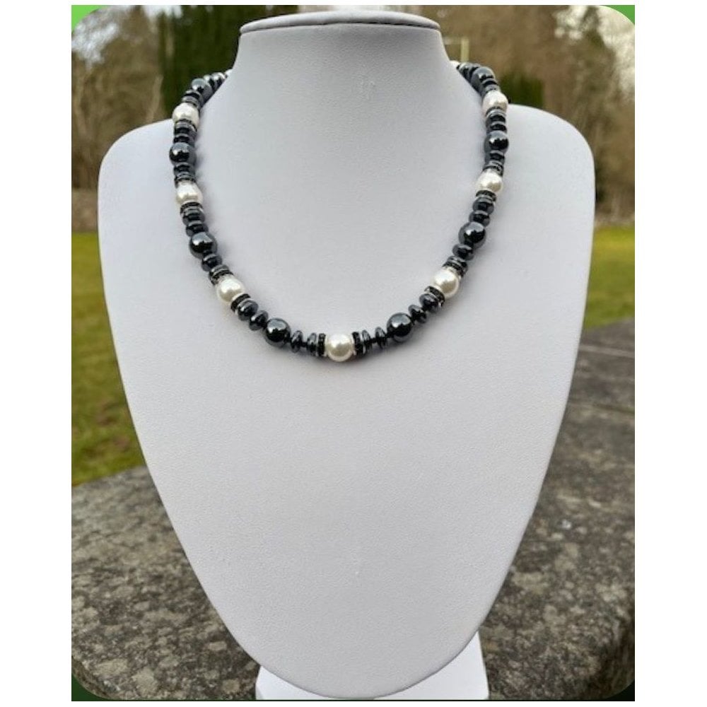 Dawn to Dusk Hematite and White South Sea Shell Pearl Silver Tone Necklace