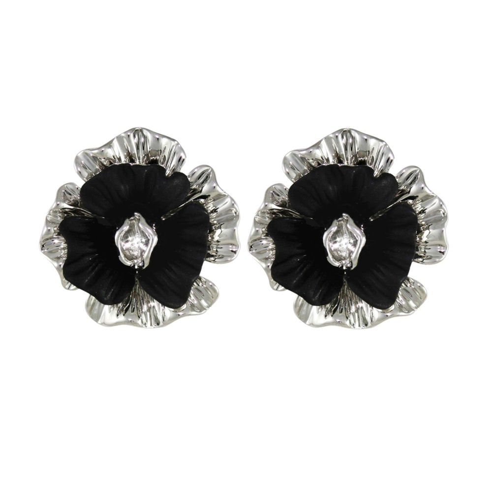 CIRO Poppy Matte Black Enamel and Silver Pierced Earrings