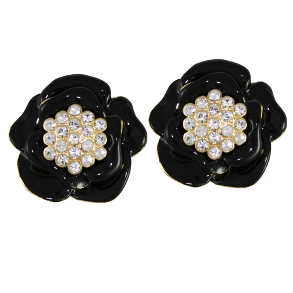 CIRO Rosa Black Enamel & Diamante Pierced Earrings