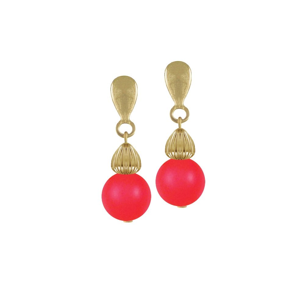 Solitaire Neon Red Pearl Drop Clip On Earrings (Gold)
