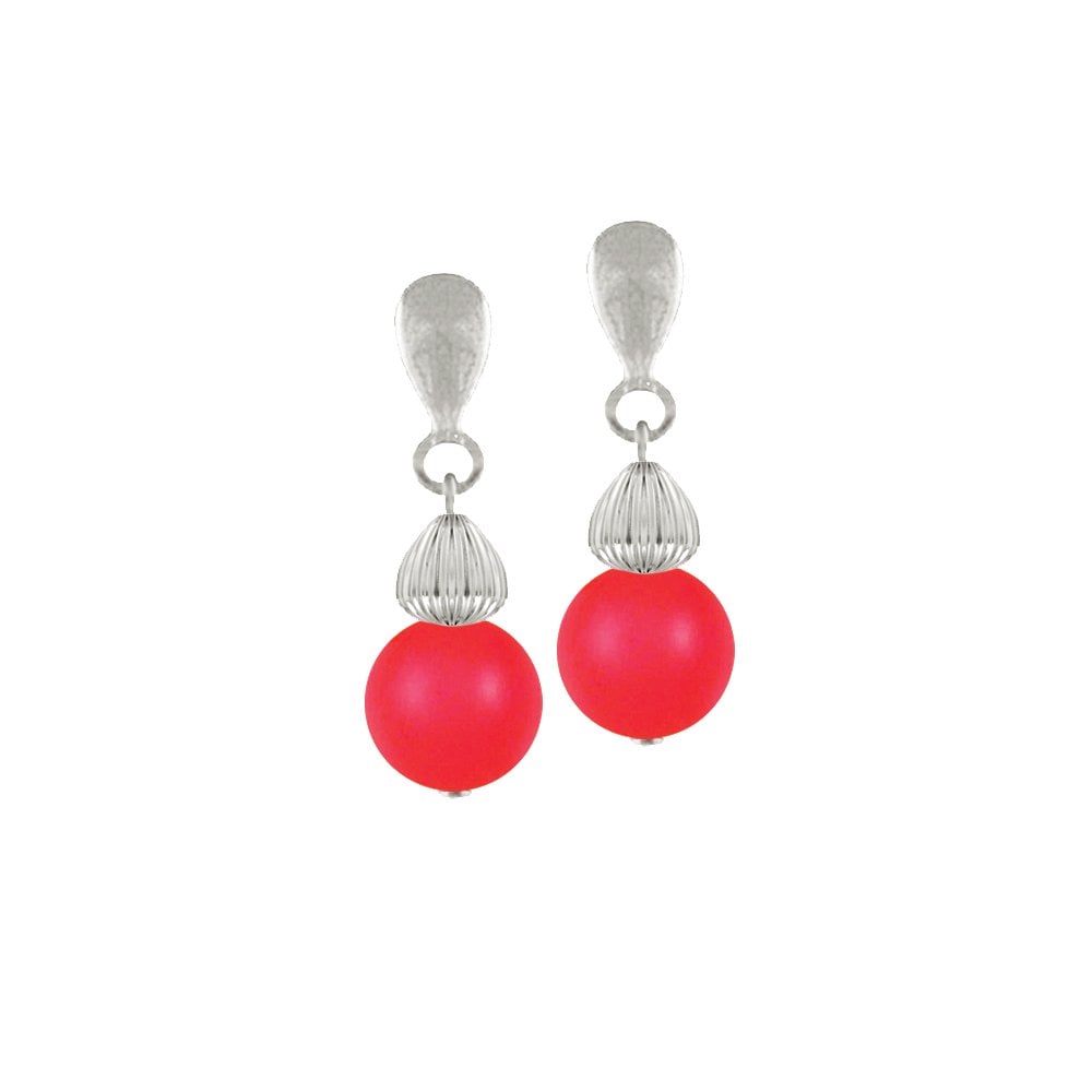 Solitaire Neon Red Pearl Drop Clip On Earrings (Silver)
