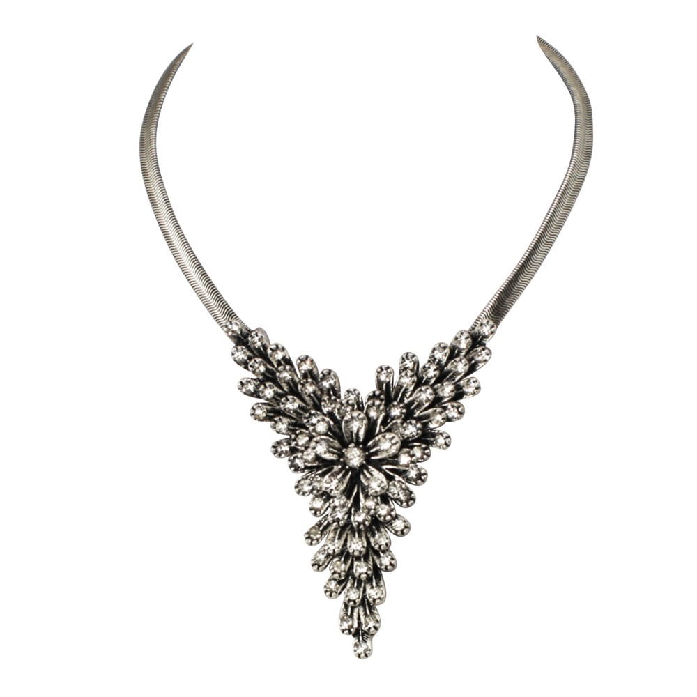 Starburst Vintage Style Crystal Blooms Silver Tone Fashion Necklace