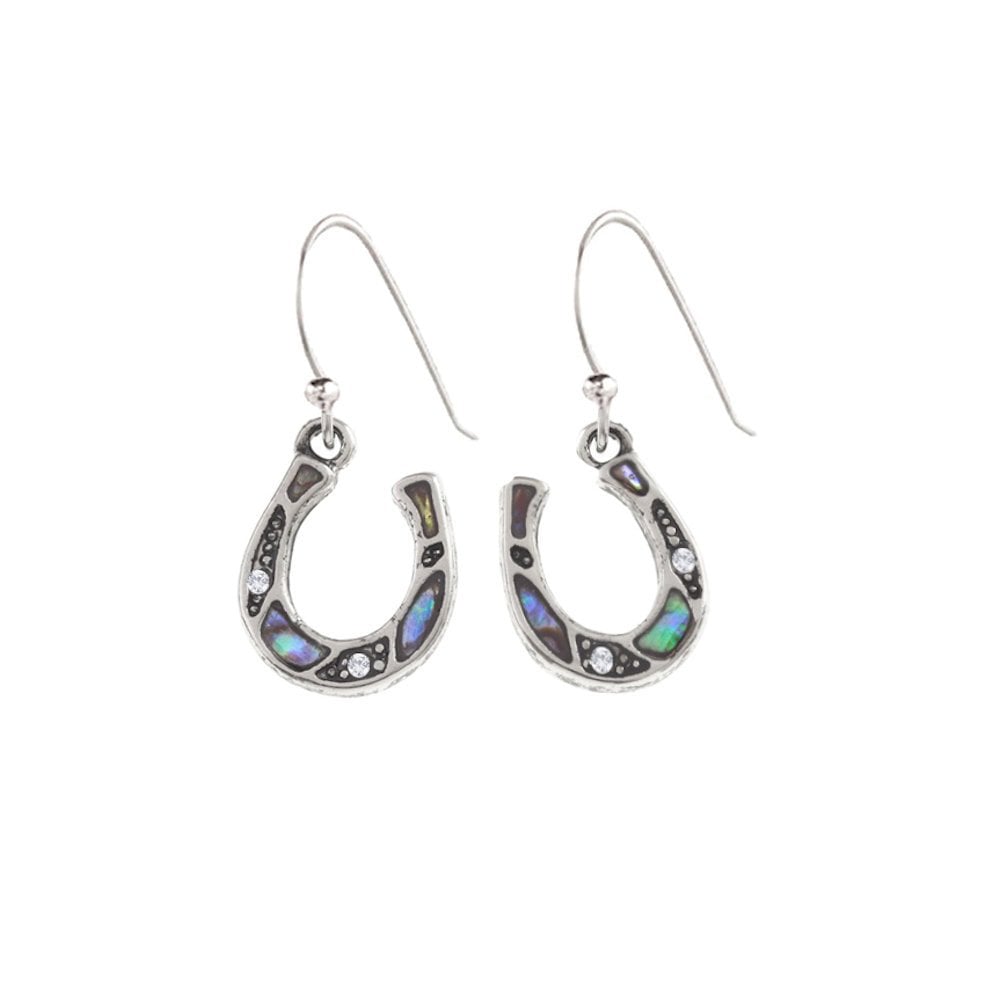 Horseshoe Diamante Paua Shell Drop Pierced Earrings