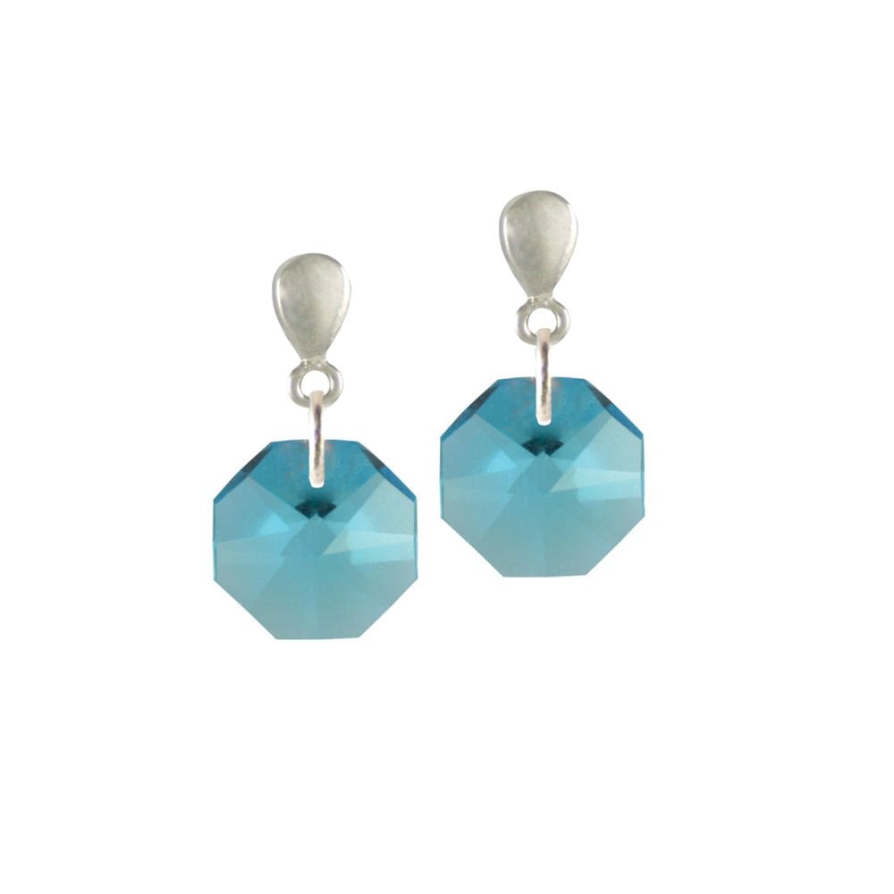 Octagon Preciosa Aquamarine Silver Crystal Drop Clip On Earrings