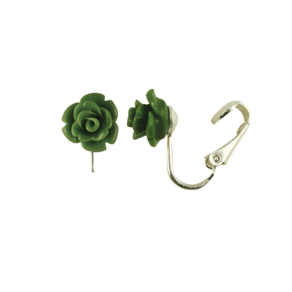 Rosetta Forest Green Flower Stud Clip On Earrings