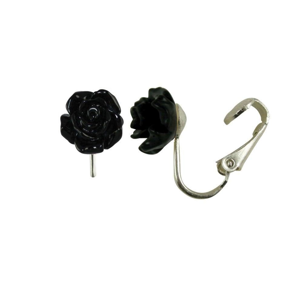 Rosetta Jet Black Flower Stud Clip On Earrings