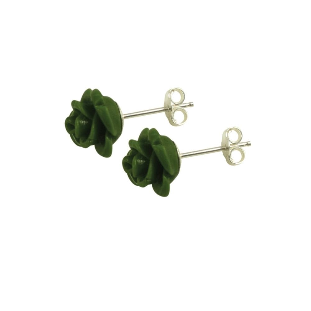 Rosetta Forest Green Flower Silver Stud Pierced Earrings