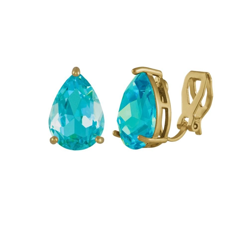 Seduction Teardrop Aquamarine Crystal Gold Tone Stud Clip On Earrings