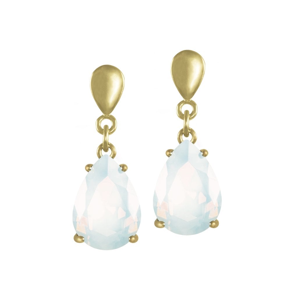 Seduction Teardrop White Opal Crystal Gold Tone Drop Clip On Earrings
