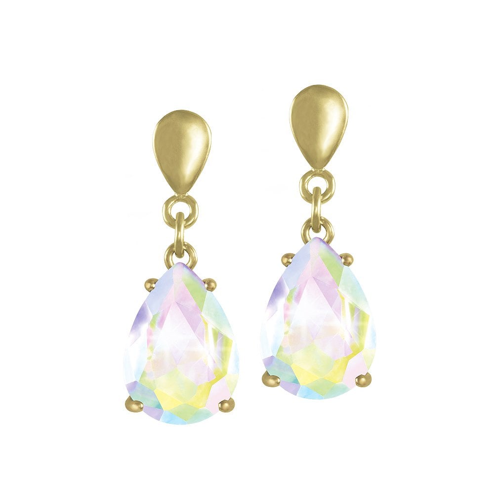 Seduction Teardrop Aurora Borealis Crystal Gold Tone Drop Clip On Earrings