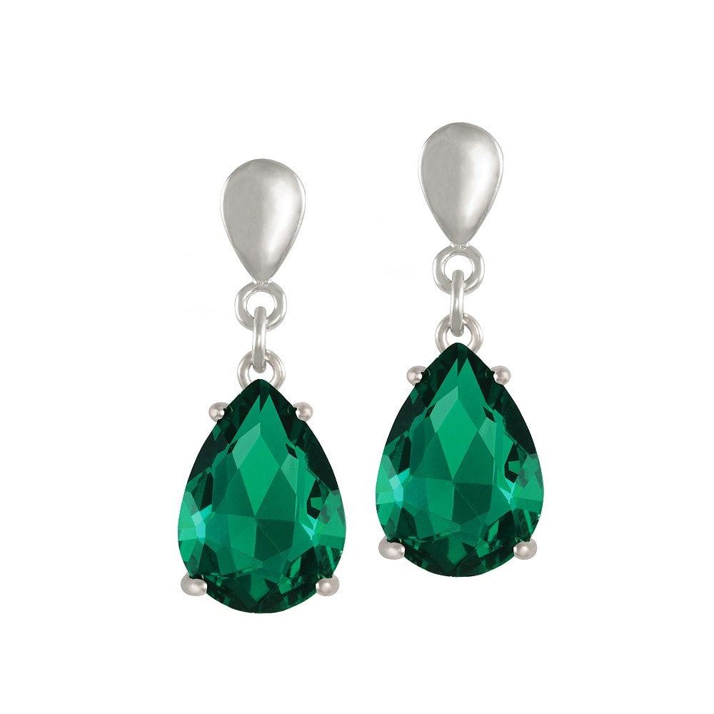 Seduction Teardrop Emerald Green Crystal Silver Tone Drop Clip On Earrings