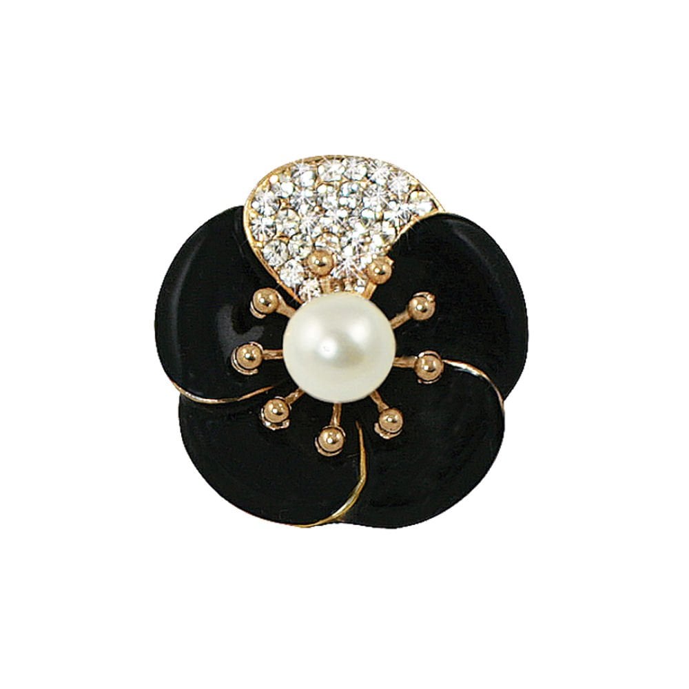 Camellia Pearl and Crystal Jet Black Enamel Scarf Clip