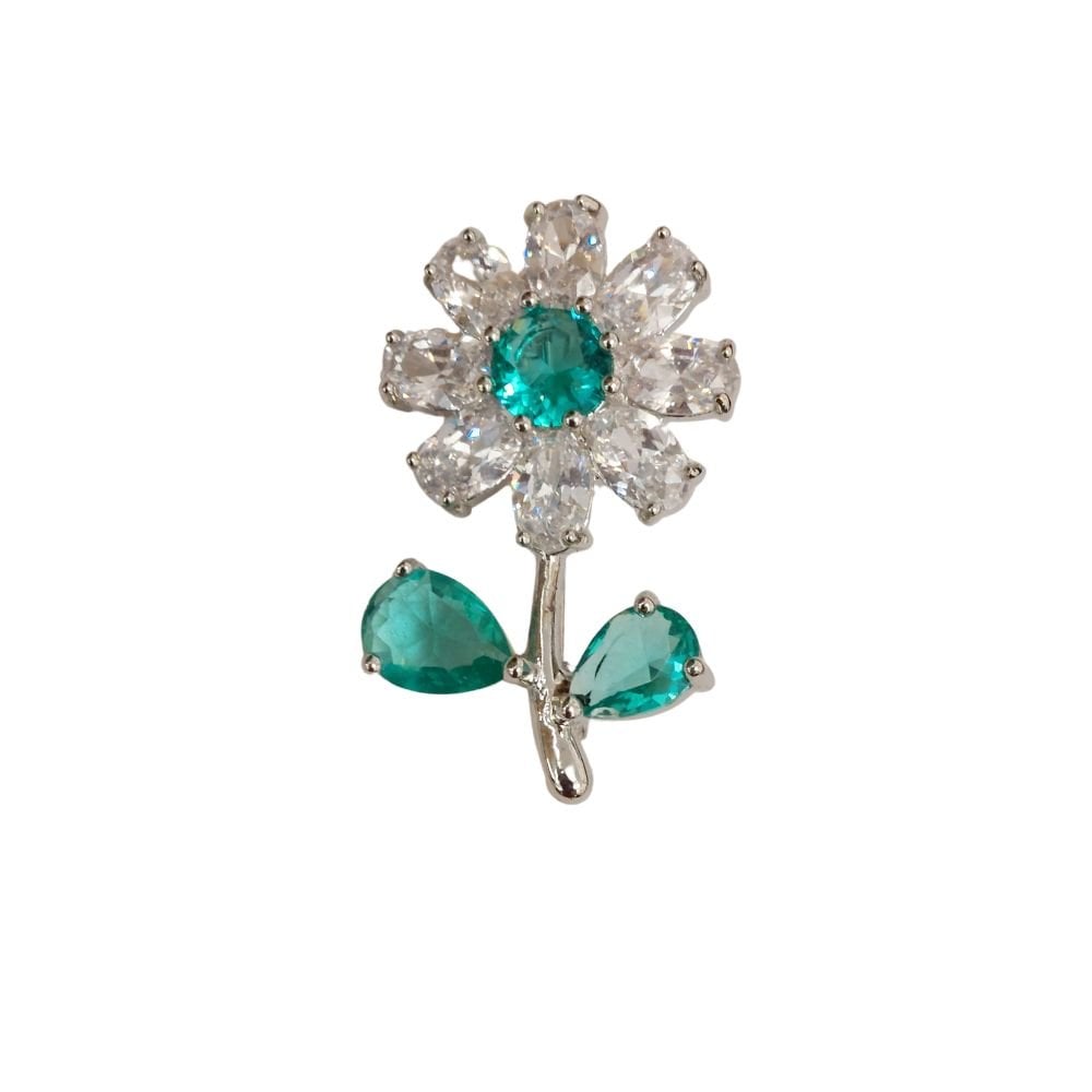 Fleur Clear and Teal Crystal Flower Brooch
