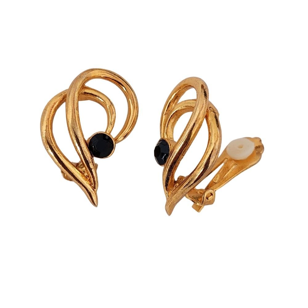 Stave Gold Tone Black Crystal Clip On Earrings