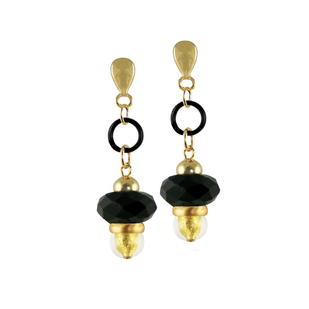 Mezzanotte Black and Gold Venetian Murano Glass Drop Clip On Earrings