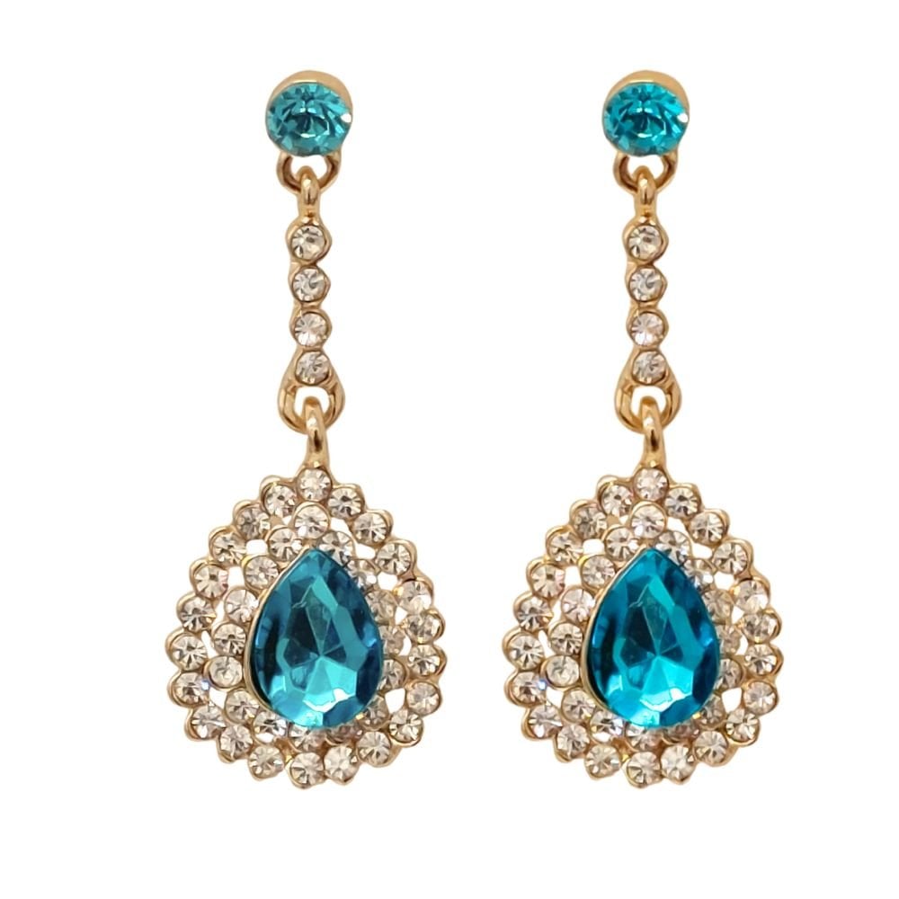Ritz Aquamarine and Clear Crystal Gold Tone Drop Pierced Earrings