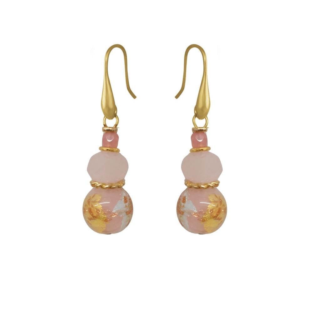 Portofino Shades of Pink And Gold Venetian Murano Glass Drop Pierced Earrings