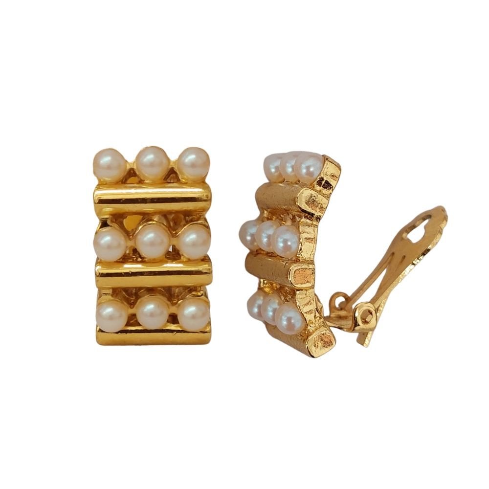 Triplicate Classic Gold And Pearl Clip On Earrings