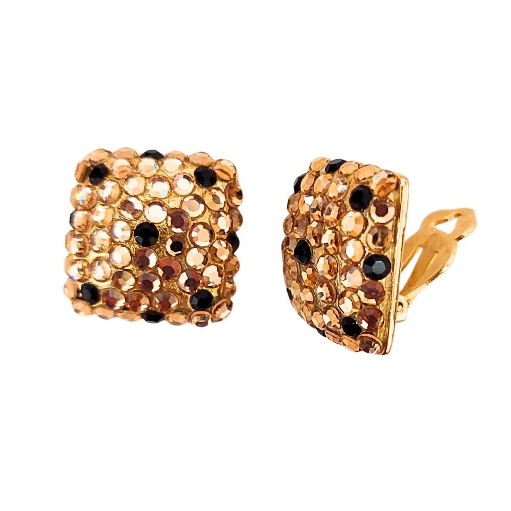 Vintage Shimmer Champagne Crystal Gold Tone Clip On Earrings