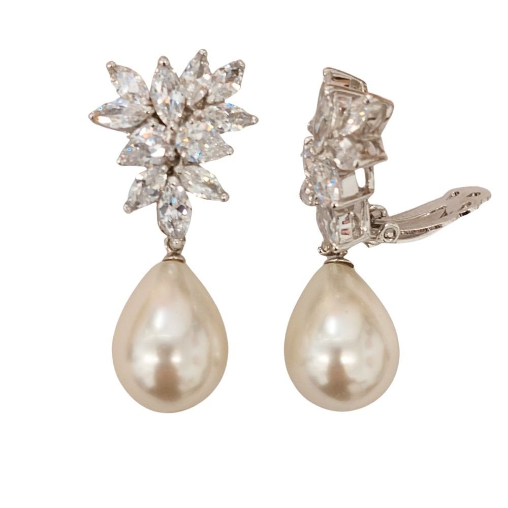 Bliss White South Sea Shell Pearl and Cubic Zirconia Sterling Silver Drop Clip On Earrings