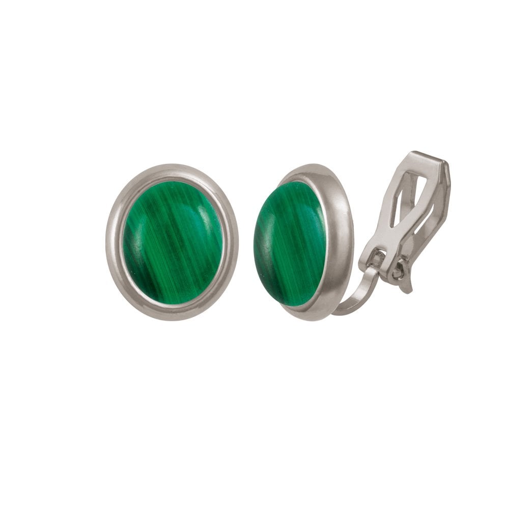 Minuet Green Malachite Silver Tone Stud Clip On Earrings