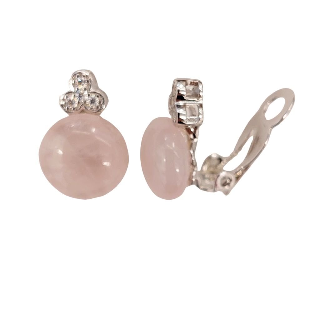 Elegant Rose Quartz and CZ Cabochon Sterling Silver Stud Clip On Earrings