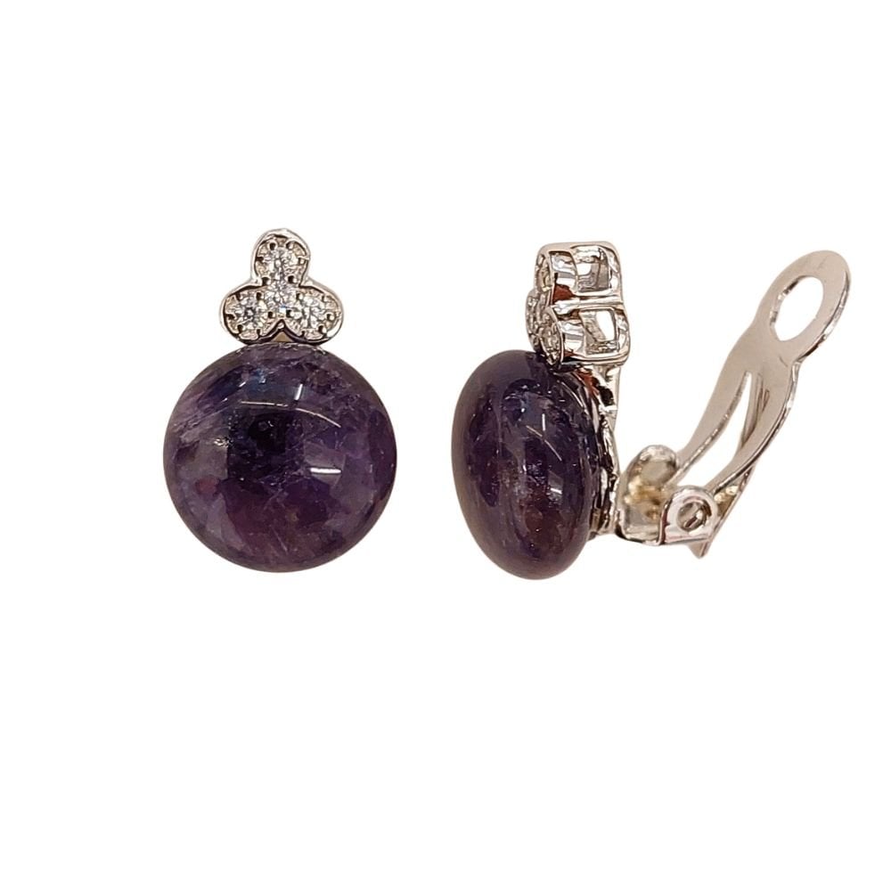 Elegant Amethyst and CZ Cabochon Sterling Silver Stud Clip On Earrings