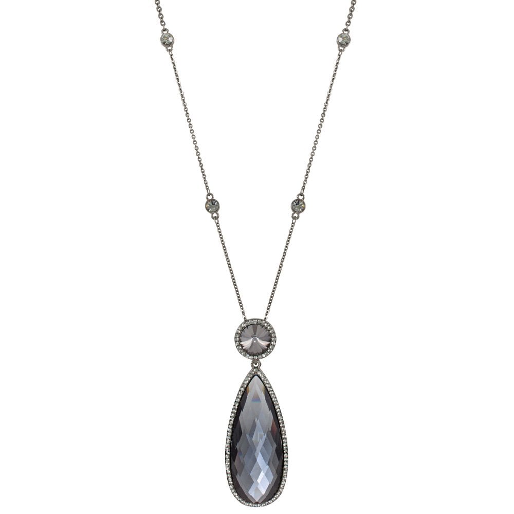 Suspense Grey Crystal Gunmetal Tone Long Pendant