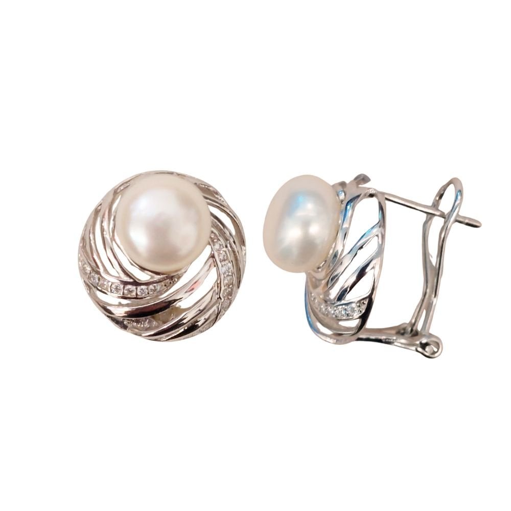 Swirls White Freshwater Pearl and Cubic Zirconia Sterling Silver Stud Pierced Earrings