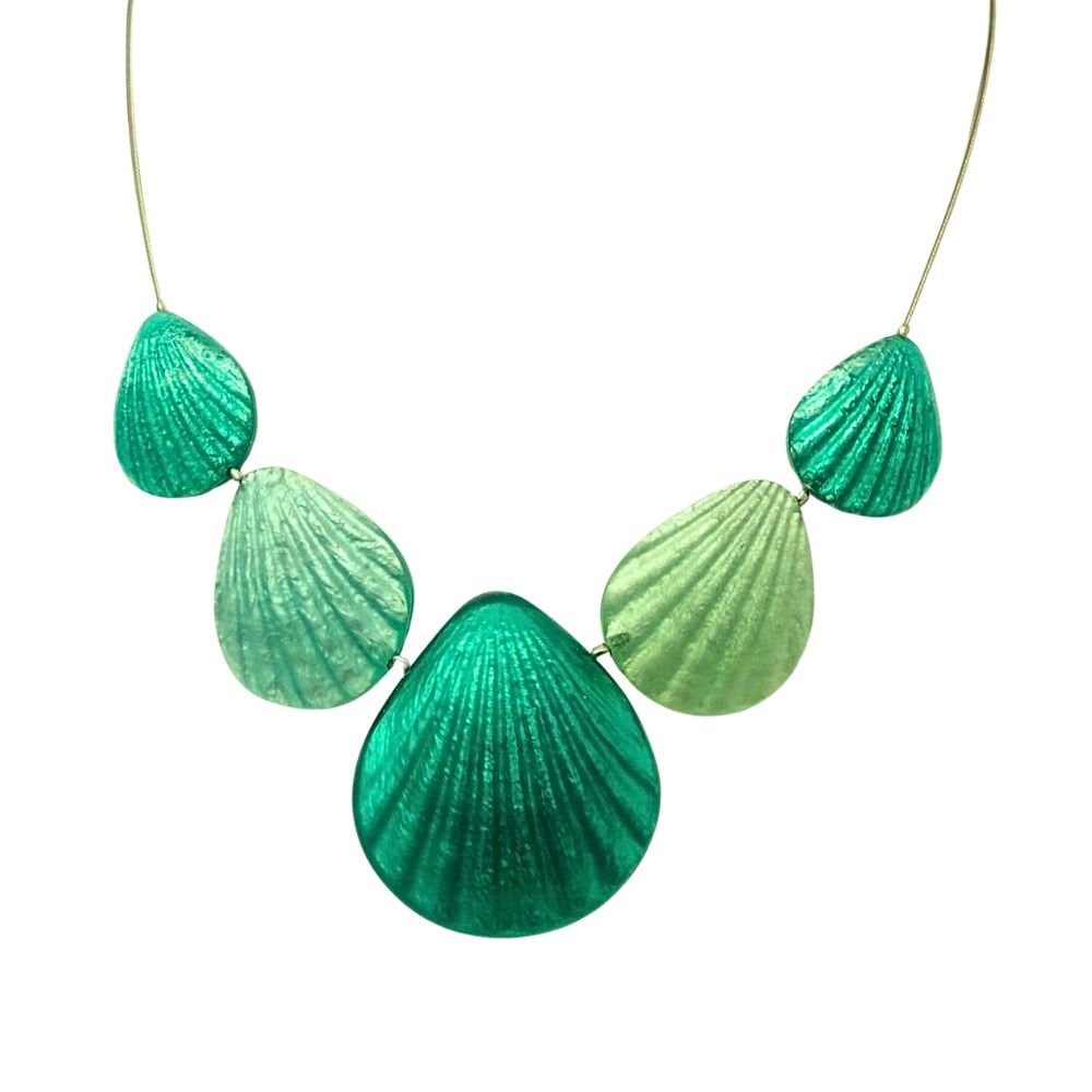 Coastal Light Turquoise Silvered Resin and Steel Statement Seashell Necklace