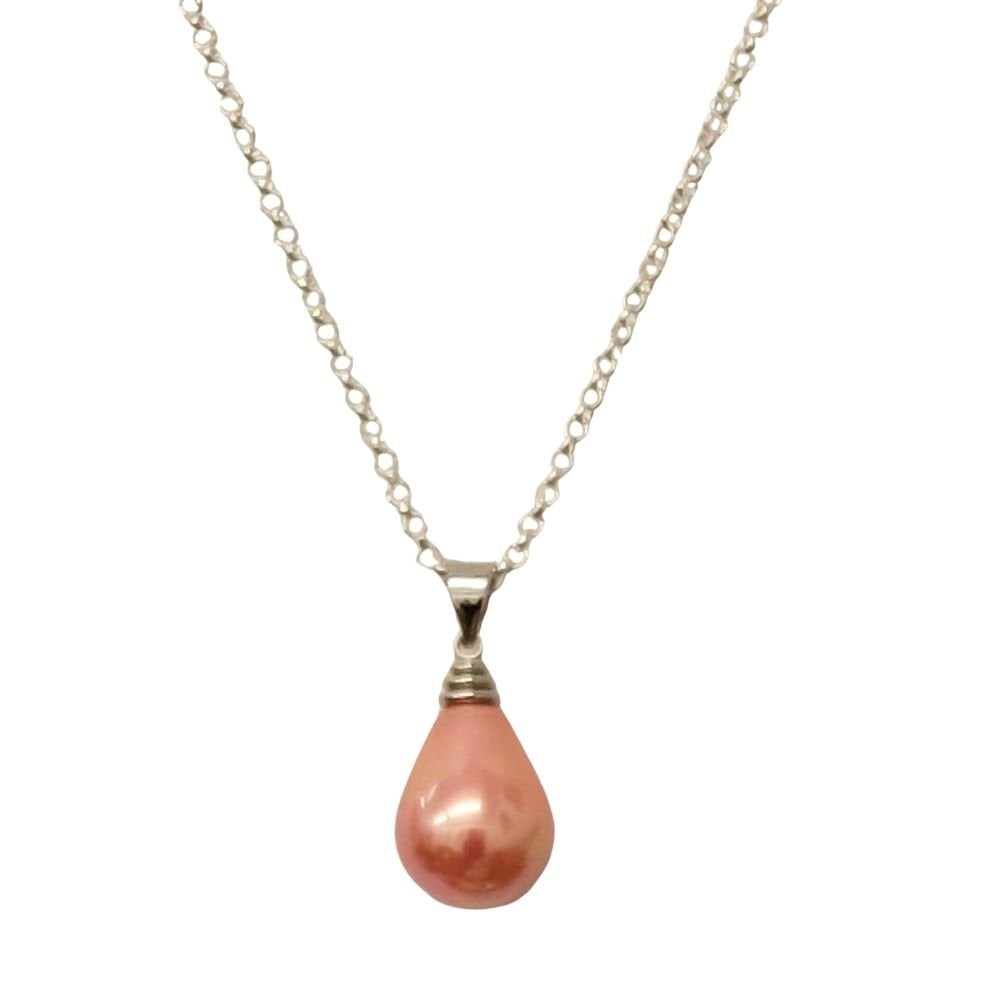 Raindrop Rose Pink Shell Pearl Silver Tone Pendant Necklace