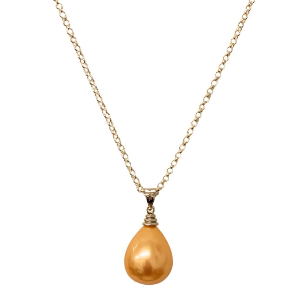 Raindrop Golden Shell Pearl Silver Tone Pendant Necklace
