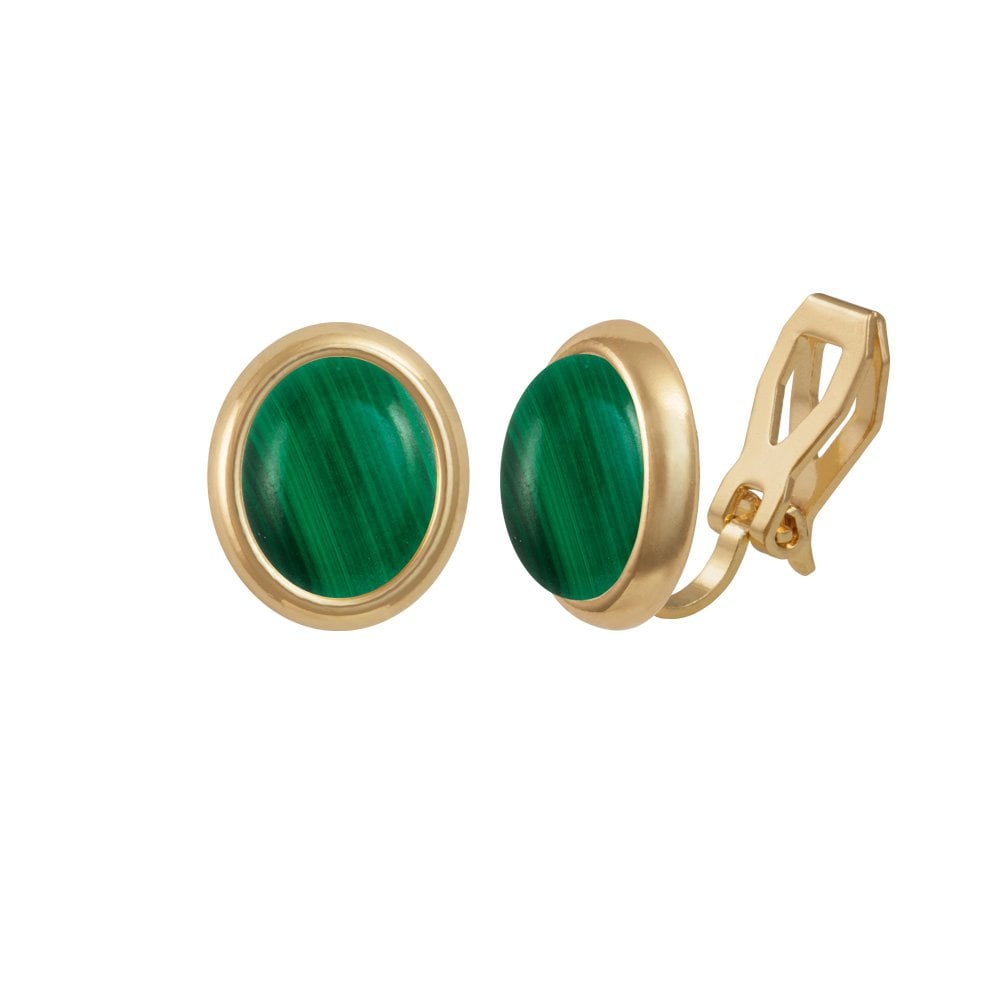 Minuet Green Malachite Gold Tone Stud Clip On Earrings