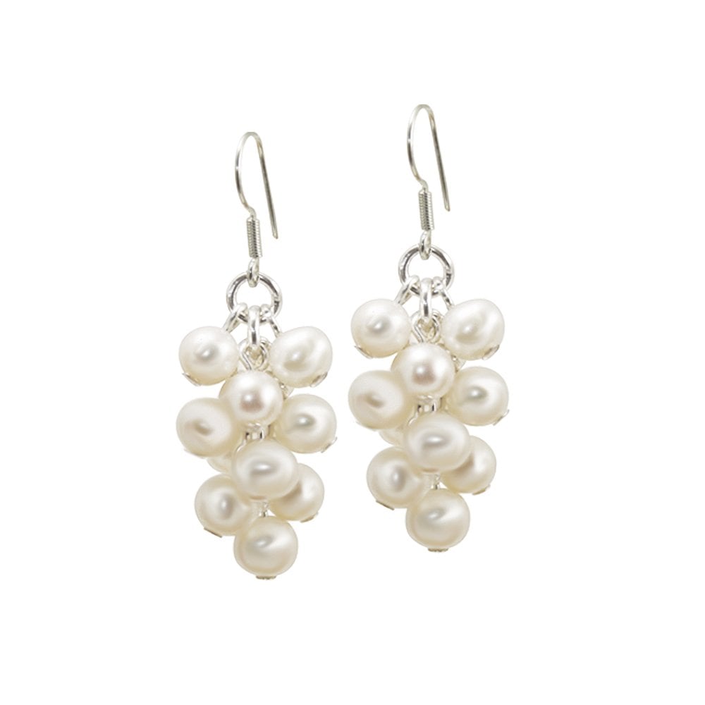 Lustrous AAA White Freshwater Pearl Cluster Drop Pierced Earrings