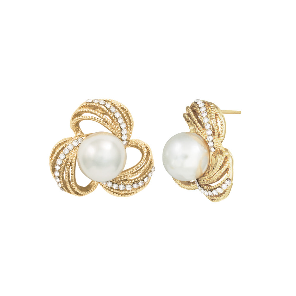 Vienna Clear Crystal Faux Pearl Gold Tone Pierced Stud Earrings